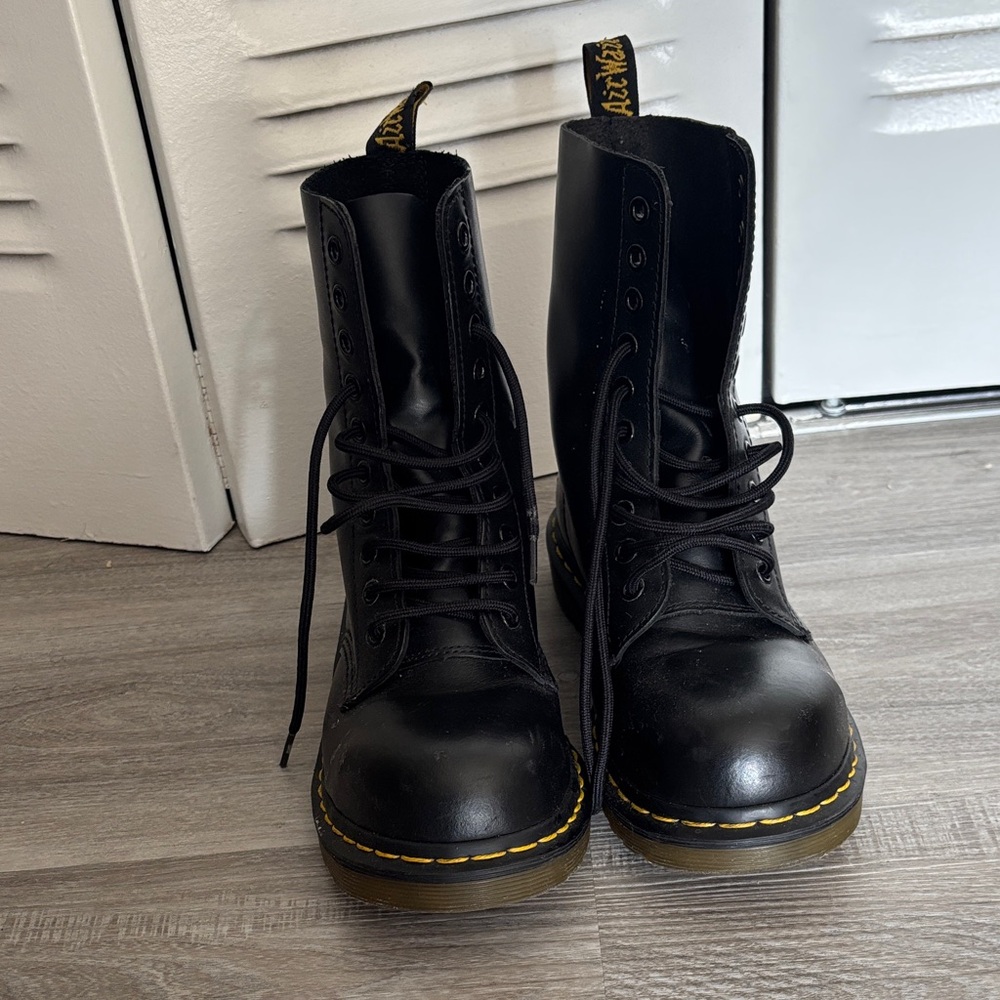 Dr. Martens Black Leather 8-Eye Lace-Up Combat Boots with Yellow Stitching